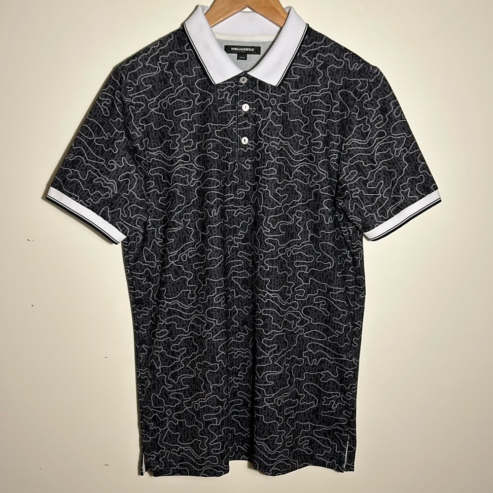 Karl Lagerfeld Paris Logo & Camo-Print Polo Mens Black US Size S